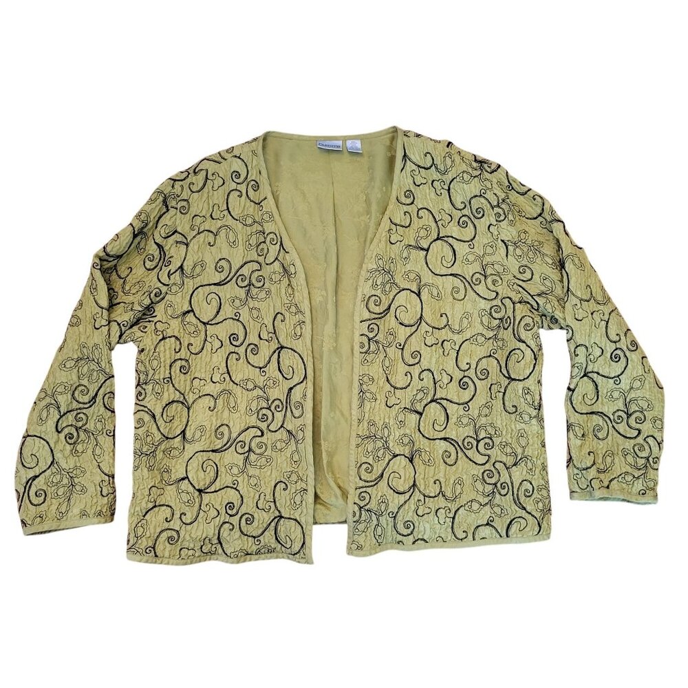 Chicos 3 Green Black Silk Embroidered Open Front Jacket XL 16 Whimsy Artsy